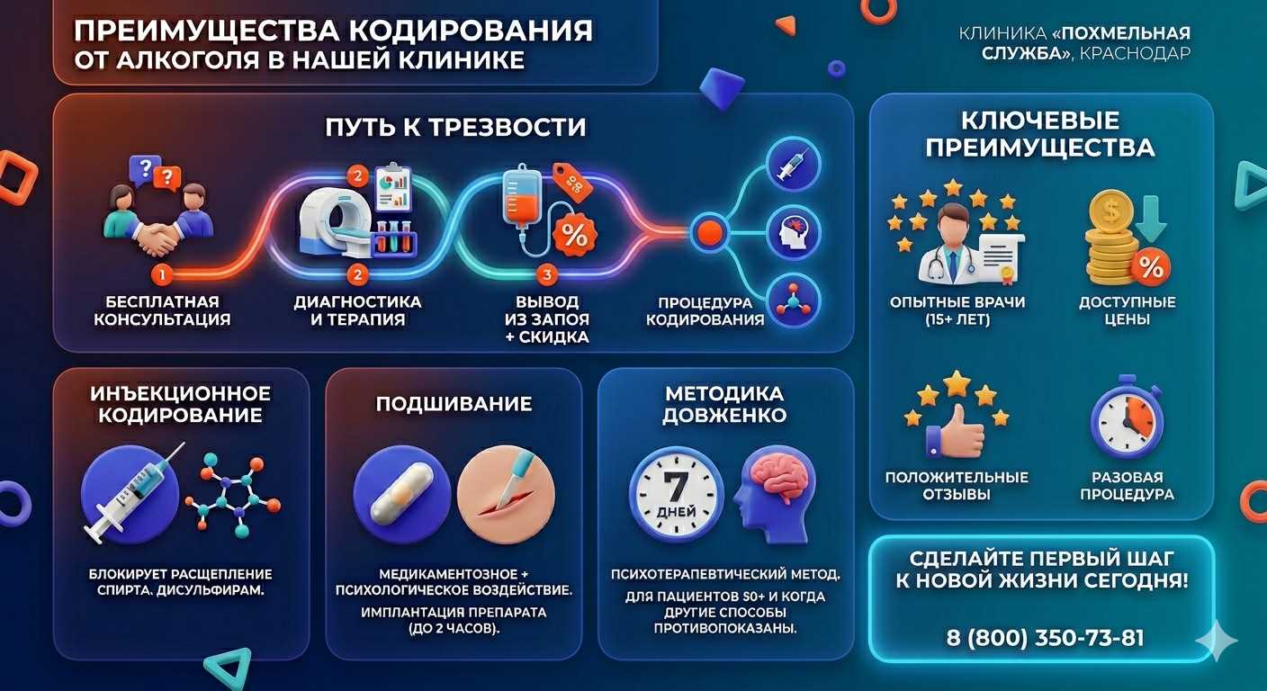 Инфографика о методах кодирования от алкоголя в Жигулёвске: инъекции, подшивание, метод Довженко. Преимущества клиники и этапы лечения.